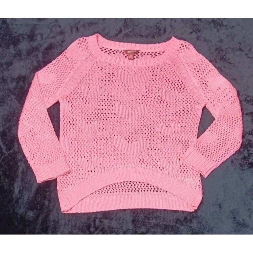 Arizona Jeans Co Open Knit Crochet Pullover Sweater XXL 18 Pink Festival Preppy